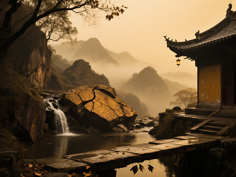 jimeng-2025-08-20-7764-暗调黄赭山水，雾锁层叠山脊，岩块褐黄交错裂痕，古寺檐角挑孤灯，瀑布碎玉落深涧，石.png